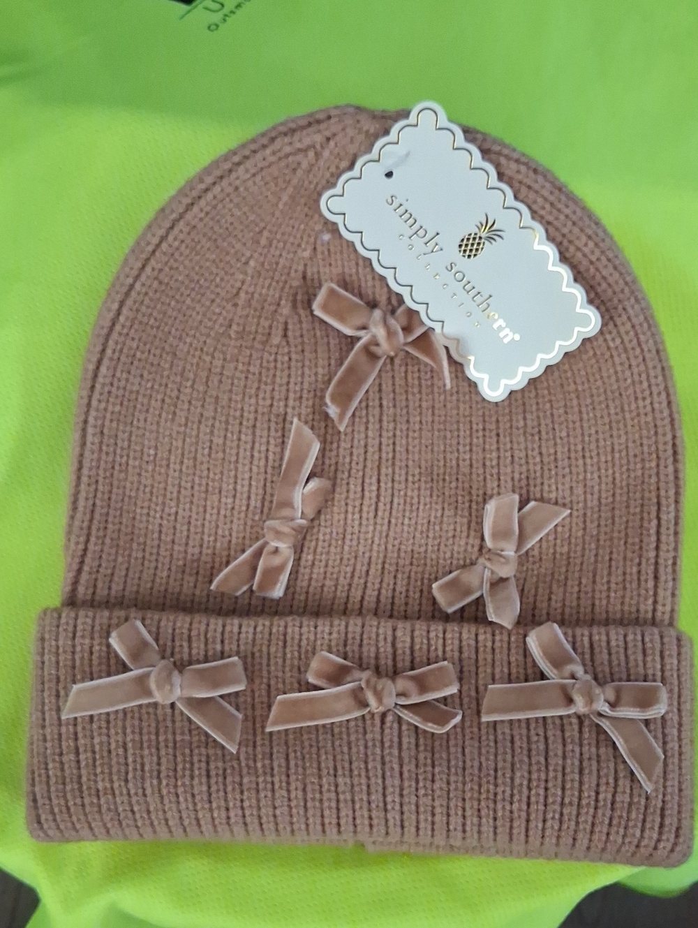 Simply Southern Mauve Velvet Bow Knit Beanie